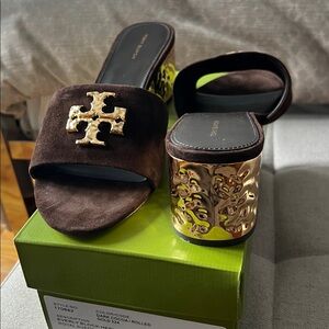 Tory Burch Everly Block Heels Suede Cocoa size 11 NIB